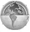 GLOBE SHOWING SECTION OF THE EARTH'S INTERIOR<br> The earth is hollow. The poles so long sought are but phantoms. There are openings at the northern and southern extremities. In the interior are vast continents, oceans, mountains and rivers. Vegetable and animal life are evident in this new world, and it is probably peopled by races yet unknown to the dwellers upon the earth's exterior.