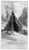 INDIAN O'-CHUM.<BR>
 This style of house, made of cedar poles covered with bark, is more easily heated than any other form of dwelling known.