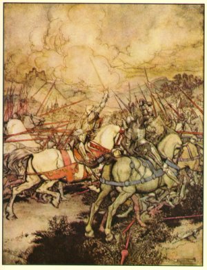 How Arthur drew his sword Excalibur for the first time (Arthur Rackham)