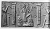 Shamash the Sun-god rising on the horizon, flames of fire ascending from his shoulder.  The two portals of the dawn, each surmounted by a lion, are being drawn open by attendant gods. From a Babylonian seal cylinder in the British Museum. [No. 89,110.]