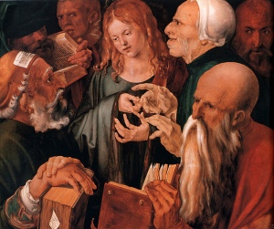 Christ Among the Doctors, by Alberecht Duerer [1506]<br>(Public Domain Image)