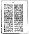 FACSIMILE OF ACTUAL PAGE OF ORIGINAL GUTENBERG BIBLE.<br> The first successful printing was done in 1450 A.D. when Gutenberg printed the Old Testament in Latin. There are about 45 copies of the precious Gutenberg Bible in existence that have survived the chances of Europe and its wars for five hundred years.