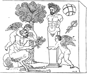 Cupids, Satyr, and statue of Priapus.