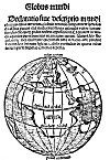 FIGURE 87. <i>Title-page of Globus Mundi, originally printed at Strassburg, 1509, showing a trace of the Americas</i>.<br> (From <i>Globus Mundi</i>, reprinted at Milan (n.d.)