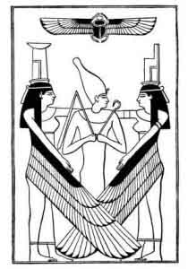 Osiris standing between Isis and Nephthys (public domain image)