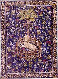 Unicorn in Captivity: Part of the set of the ''Chasse a' la Licorne'' (quest of the Unicorn) tapestries, now at the Cloister, New-York. (public domain image)