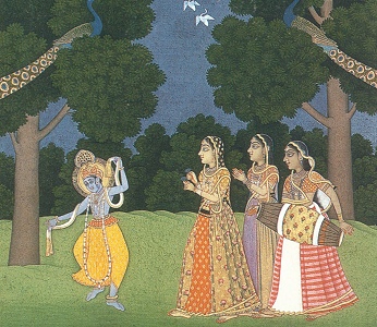 Krishna and Gopis--detail of medieval painting (Public domain)
