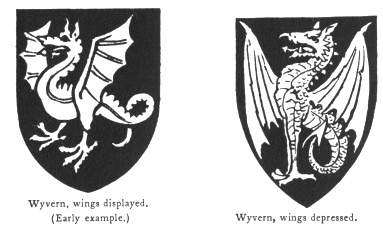 (left) Wyvern, wings displayed. (Early example.) (right) Wyvern, wings depressed.