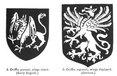 [left]A Griffin passant, wings raised. (Early English.) [right] A Griffin segreant, wings displayed. (German.)