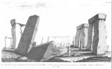 Plate 20. An inward view of Stonehenge from behind ye high Altar looking toward the grand entrance. A little oblique. Aug. 1722.<br> A the altar